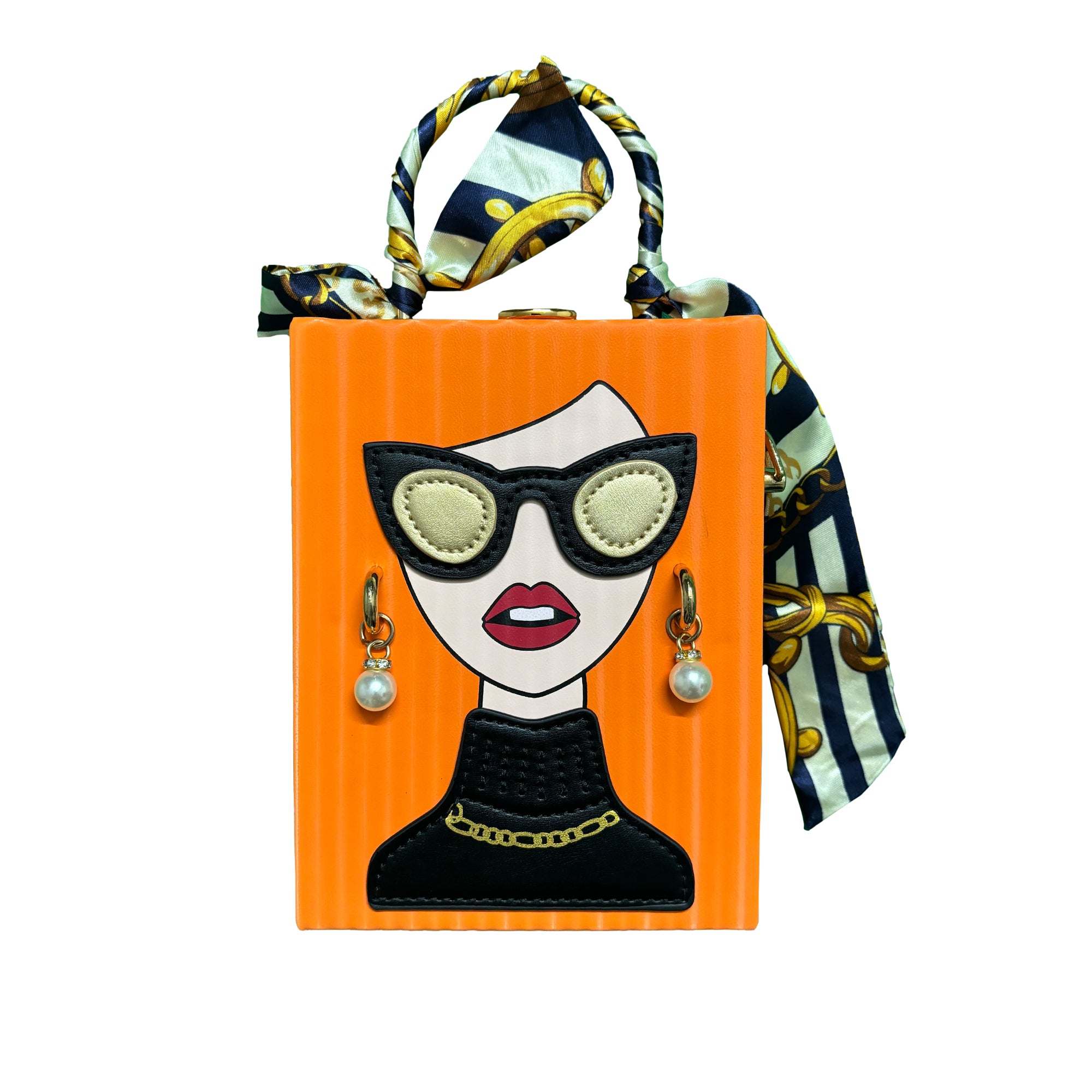 ZOKPO High-Value Fashion Clutch Box Handbag for Women | Elegant Silky Scarf Shoulder Crossbody Bag with Geometric Head Design, Golden Accents, Pearl Earrings & Snap Lock Closure