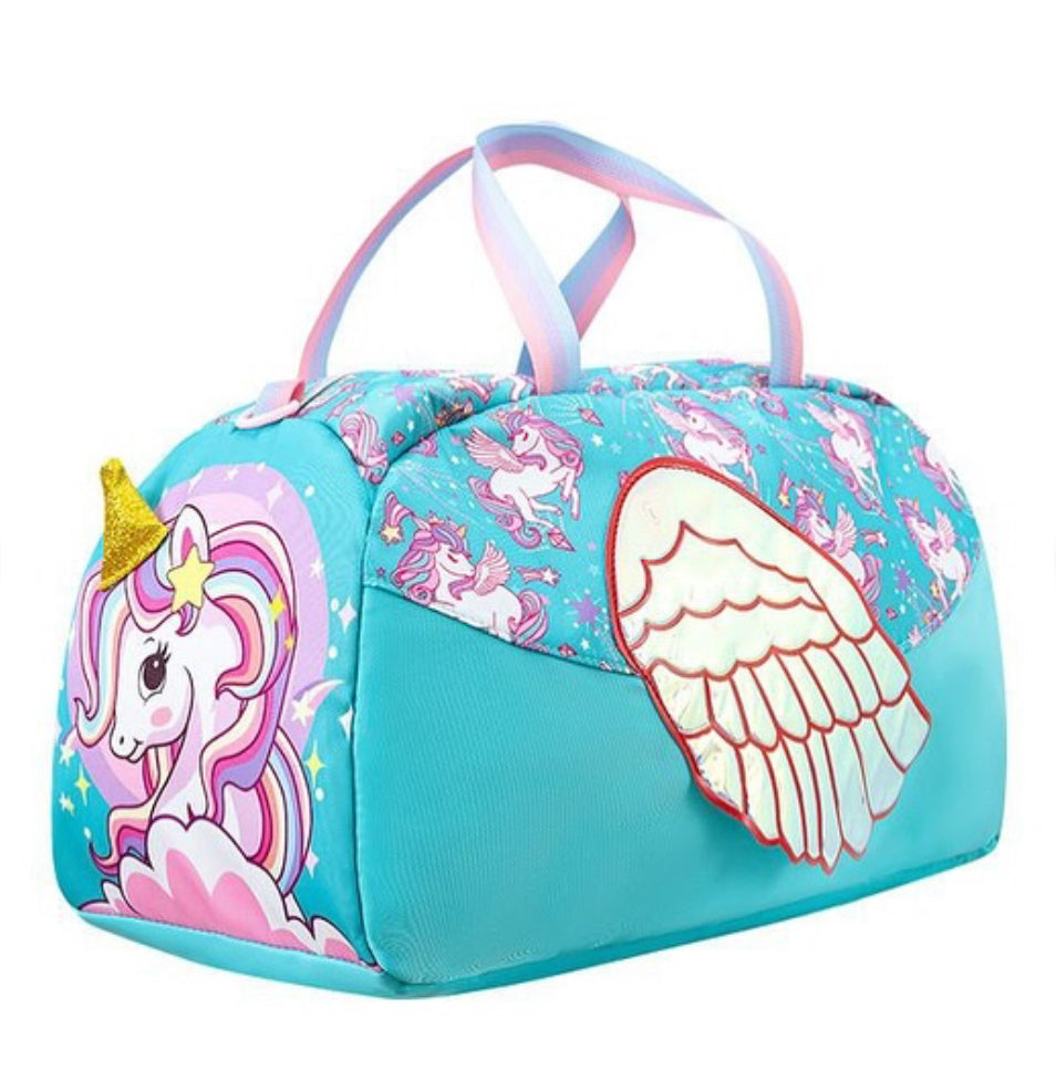 ZOKPO Unicorn Kids Travel Duffle Bag – Girls Overnight Tote, Sports & Swimming Bag with Rainbow Straps & 3D Wing – Birthday Gift for Ages 1-12 – Pack of 1