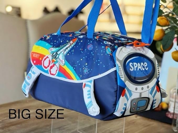 Zokpo Space Rocket Kids Duffle Bag – Large Travel & Gym Bag for Boys/Girls | Astronaut Theme Overnight Weekender Bag for School, Sports, Holidays & Teenagers (Blue)